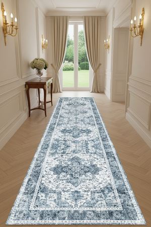 Tapis de Couloir Oriental Gris et Blanc — Motif Médaillon Vintage — Tapis Long Antidérapant