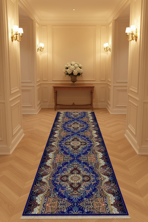 Tapis de Couloir Oriental Bleu Roi et Multicolore — Motif Médaillon Luxe — Tapis Long Antidérapant