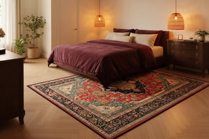Tapis de Salon Oriental Rouge et Bleu Marine — Motif Médaillon Luxe — Grand Tapis Antidérapant
