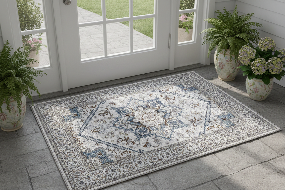 Tapis d'Entrée Oriental Blanc Cassé et Bleu — Motif Géométrique Boho Ethnique | Tapis Antidérapant