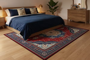 Tapis de Salon Oriental Rouge et Bleu Roi — Motif Médaillon Vintage — Grand Tapis Antidérapant