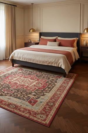 Tapis de Salon Oriental Rouge et Marron — Motif Médaillon Losange Vintage — Grand Tapis Antidérapant