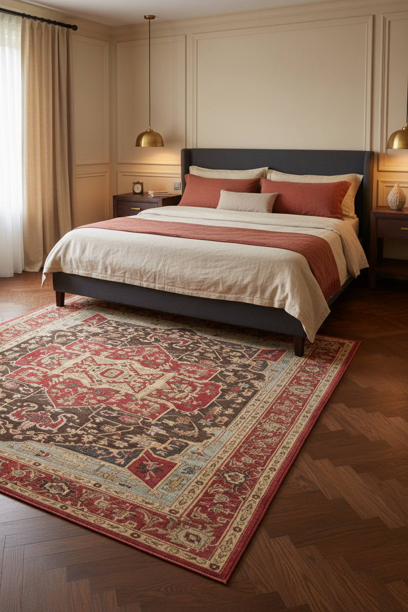Tapis de Salon Oriental Rouge et Marron — Motif Médaillon Losange Vintage — Grand Tapis Antidérapant