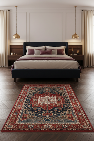 Tapis de Salon Oriental Rouge et Bleu Marine — Motif Médaillon Losange Vintage — Grand Tapis Antidérapant