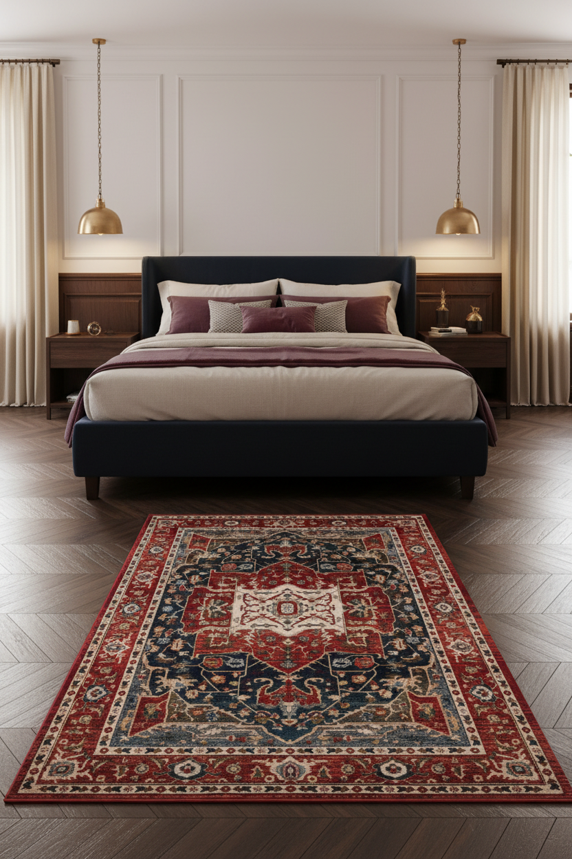 Tapis de Salon Oriental Rouge et Bleu Marine — Motif Médaillon Losange Vintage — Grand Tapis Antidérapant