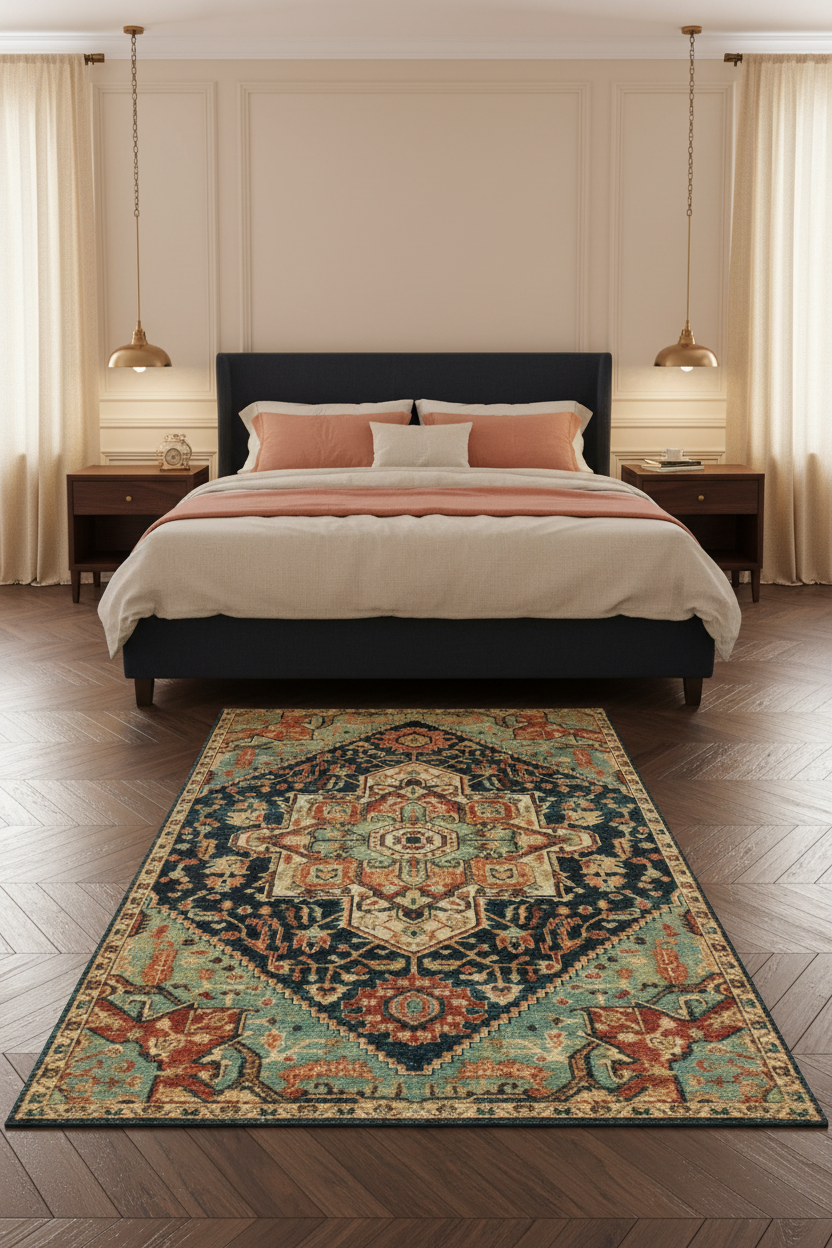 Tapis de Salon Oriental Bleu Marine et Corail — Motif Médaillon Losange Vintage — Grand Tapis Antidérapant