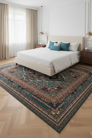 Tapis de Salon Oriental Bleu Canard et Brun — Motif Médaillon Ethnique — Grand Tapis Antidérapant