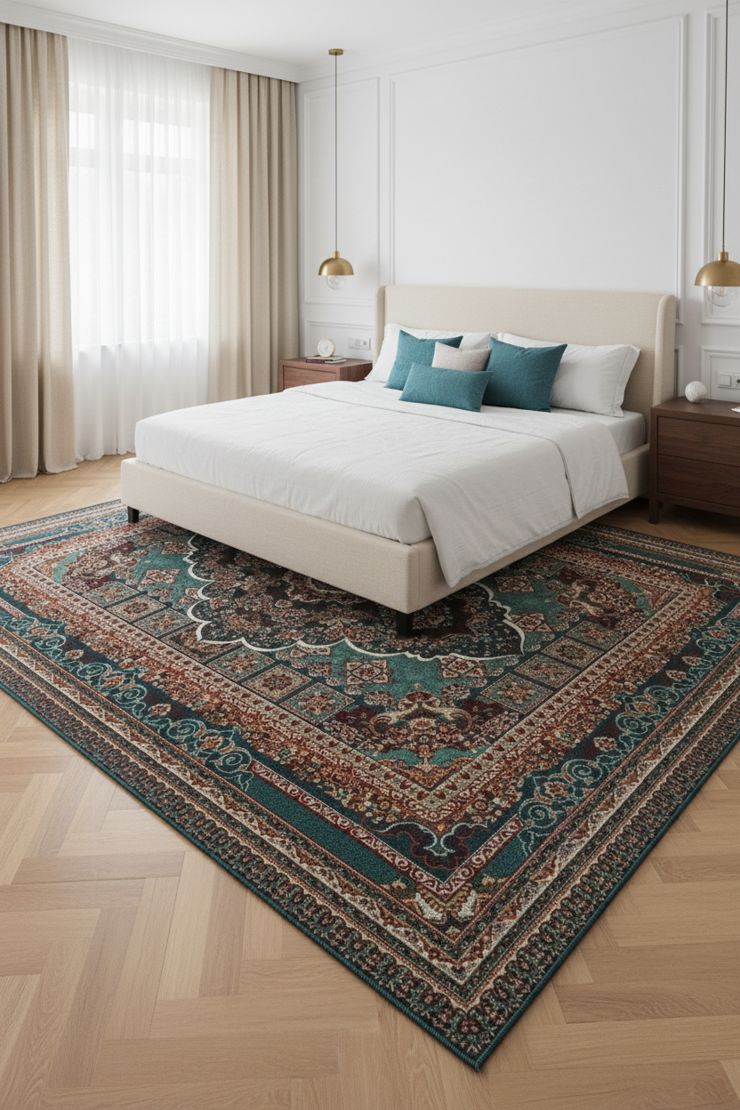 Tapis de Salon Oriental Bleu Canard et Brun — Motif Médaillon Ethnique — Grand Tapis Antidérapant