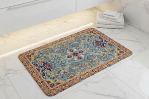 Tapis de Bain Oriental Bleu et Ocre — Motif Médaillon Ethnique — Tapis de Salle de Bain Antidérapant