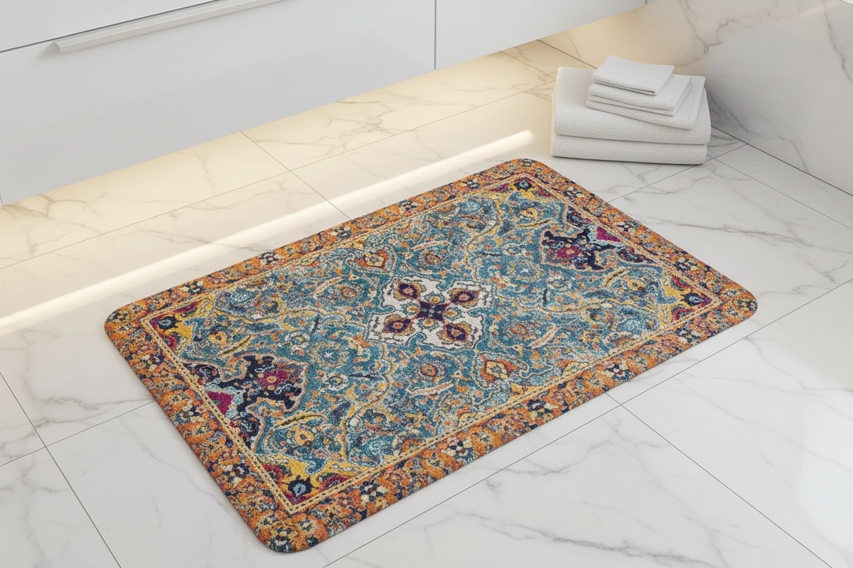 Tapis de Bain Oriental Bleu et Ocre — Motif Médaillon Ethnique — Tapis de Salle de Bain Antidérapant