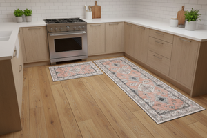 Tapis de Cuisine Oriental Terracotta et Gris — Set 2 Pièces Motif Géométrique Vintage — Tapis Antidérapant