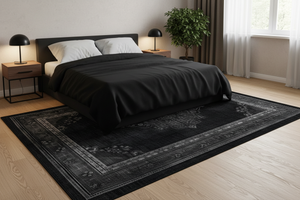 Tapis de Salon Oriental Noir — Motif Médaillon Floral — Grand Tapis Antidérapant