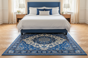 Tapis de Salon Oriental Bleu Roi — Motif Médaillon Floral Vibrant — Grand Tapis Antidérapant