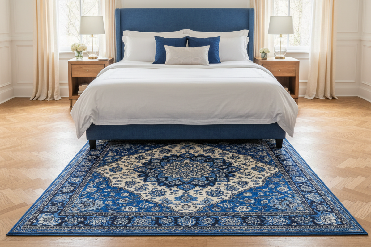 Tapis de Salon Oriental Bleu Roi — Motif Médaillon Floral Vibrant — Grand Tapis Antidérapant