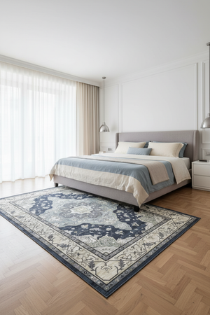 Tapis de Salon Oriental Bleu Ardoise et Crème — Motif Médaillon Losange Élégant — Grand Tapis Antidérapant
