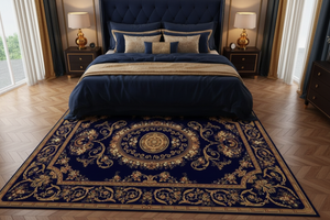 Tapis de Salon Oriental Bleu Marine et Doré — Motif Médaillon Royal Floral | Grand Tapis Antidérapant