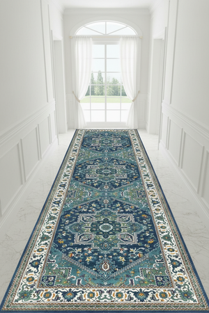 Tapis de Couloir Oriental Bleu Canard et Ivoire — Motif Médaillon Vintage — Tapis Long Antidérapant