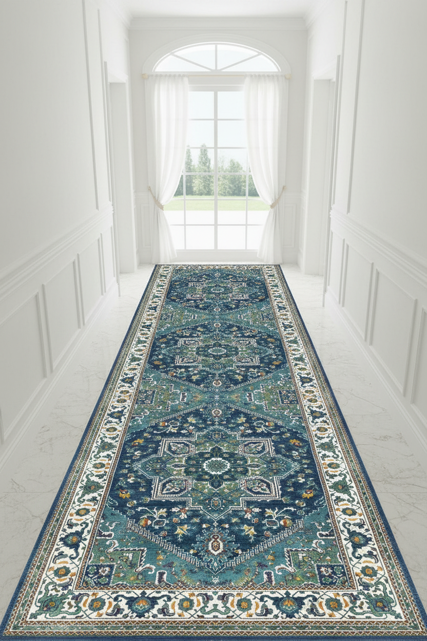 Tapis de Couloir Oriental Bleu Canard et Ivoire — Motif Médaillon Vintage — Tapis Long Antidérapant