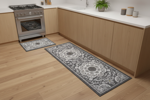 Tapis de Cuisine Oriental Gris — Set 2 Pièces Motif Médaillon Floral — Tapis Antidérapant