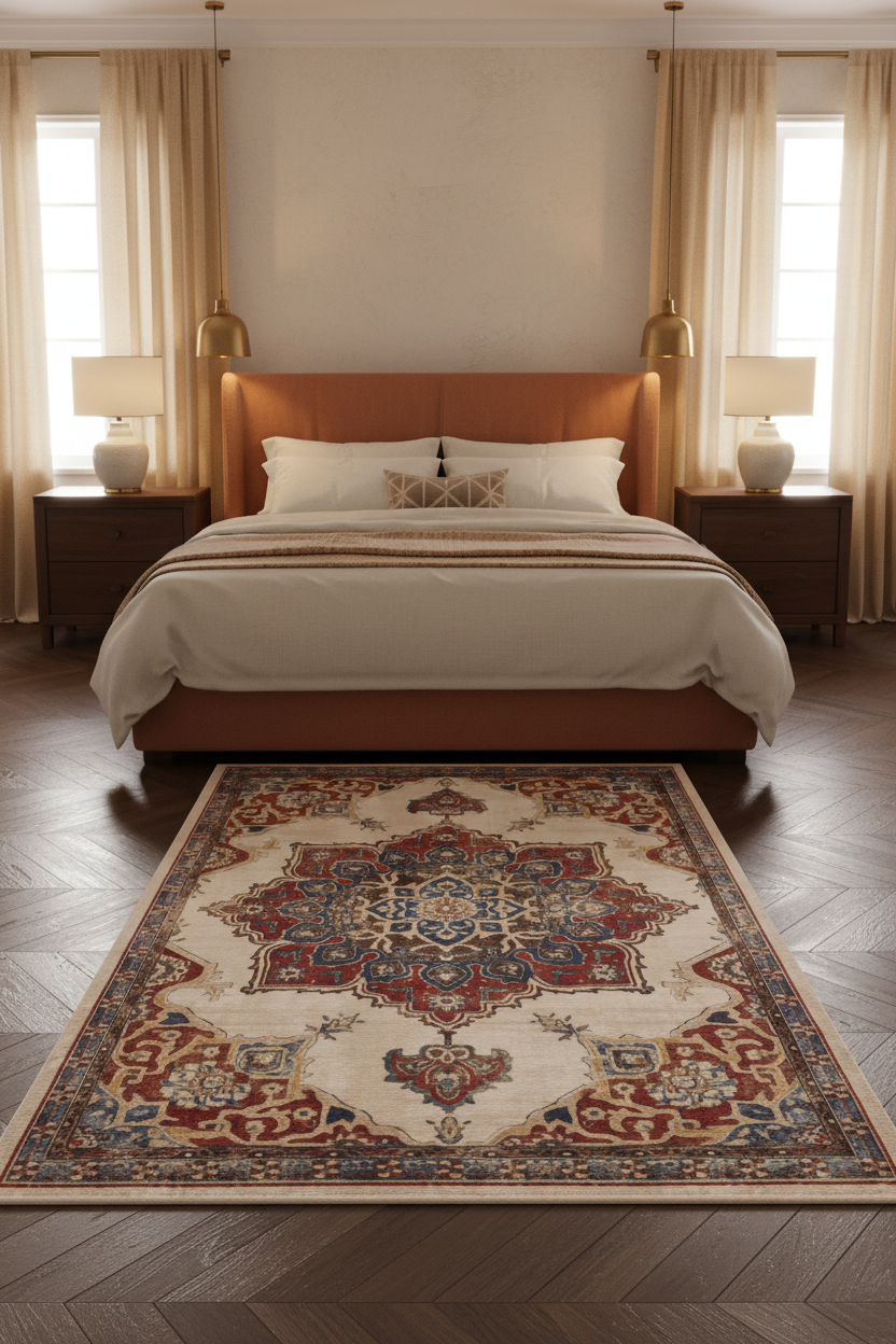 Tapis de Salon Oriental Crème et Rouge — Motif Médaillon Étoile Classique — Grand Tapis Antidérapant