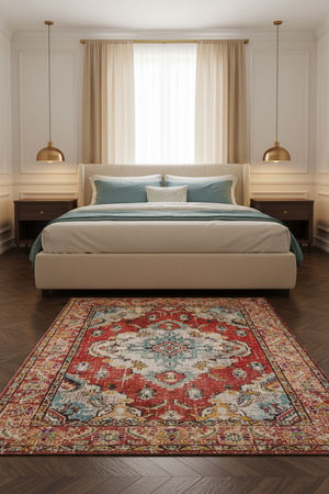 Tapis de Salon Oriental Rouge Corail et Bleu — Motif Médaillon Ethnique Coloré — Grand Tapis Antidérapant