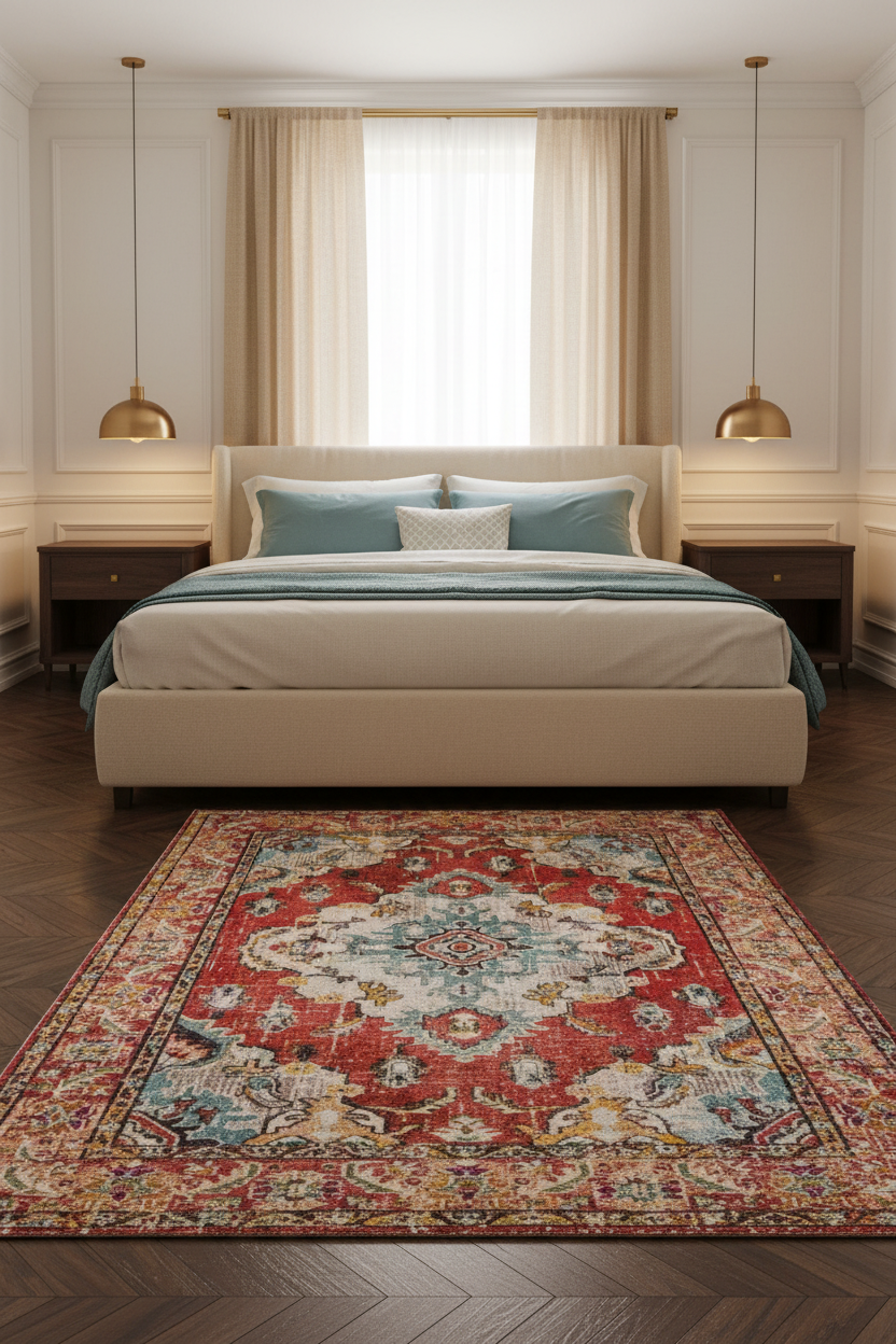 Tapis de Salon Oriental Rouge Corail et Bleu — Motif Médaillon Ethnique Coloré — Grand Tapis Antidérapant