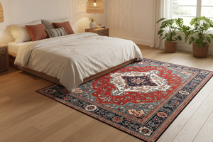 Tapis de Salon Oriental Rouge et Bleu — Motif Médaillon Luxe — Grand Tapis Antidérapant