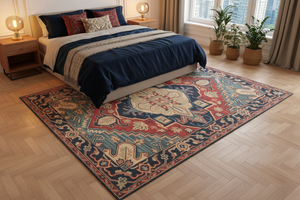 Tapis de Salon Oriental Rouge et Bleu — Motif Médaillon Tribal Géométrique — Grand Tapis Antidérapant