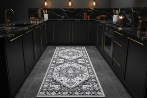 Tapis de Cuisine Oriental Long Gris et Blanc — Motif Médaillon Vintage — Tapis Antidérapant