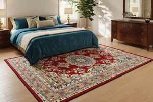 Tapis de Salon Oriental Rouge et Bleu Turquoise — Motif Médaillon Fleuri Vintage — Grand Tapis Antidérapant