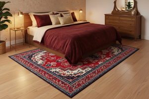 Tapis de Salon Oriental Rouge et Bleu Marine — Motif Médaillon Géométrique — Grand Tapis Antidérapant