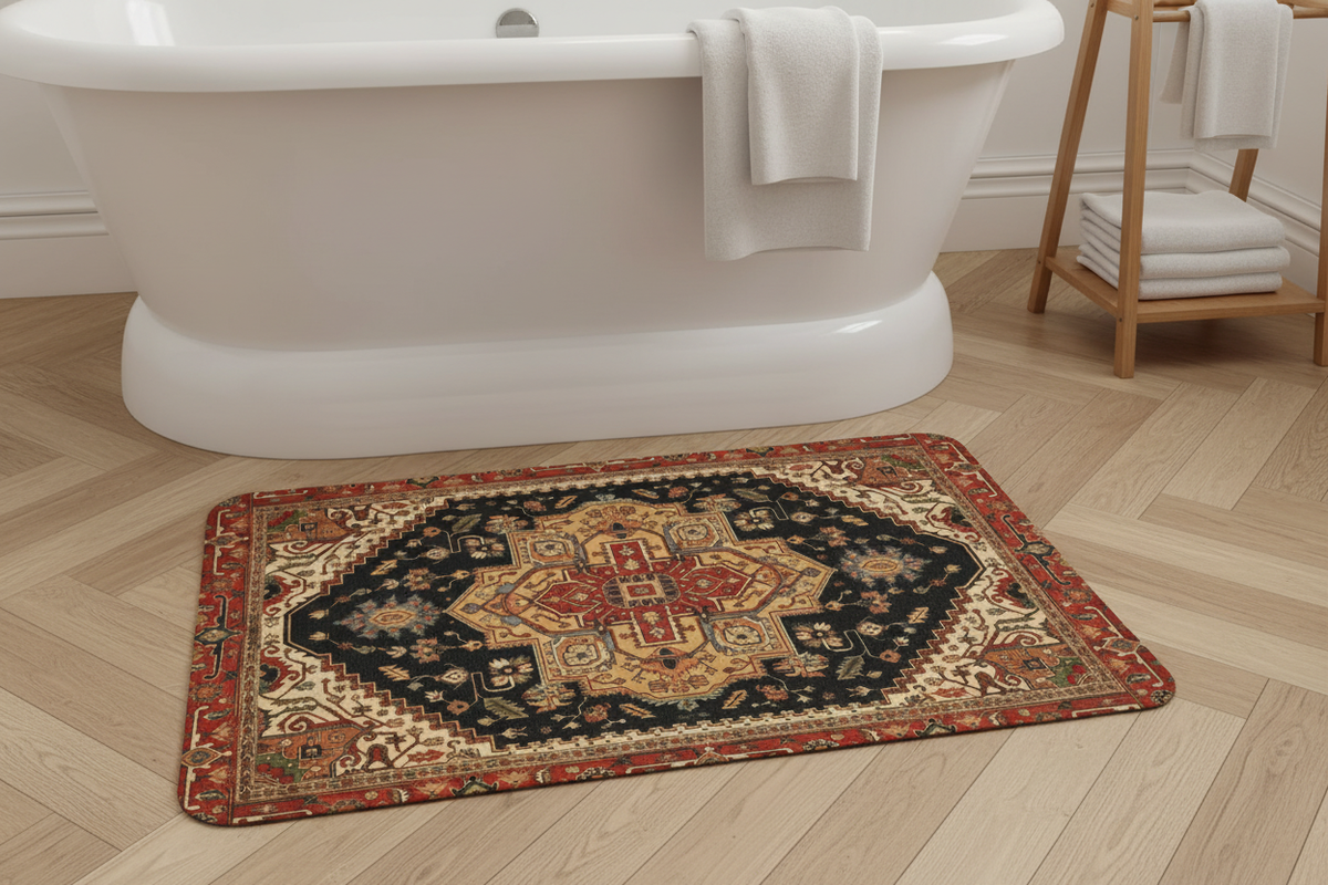 Tapis de Bain Oriental Noir et Terracotta — Motif Médaillon Ethnique — Tapis de Salle de Bain Antidérapant