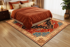 Tapis de Salon Oriental Rouge et Noir — Motif Médaillon Vintage — Grand Tapis Antidérapant