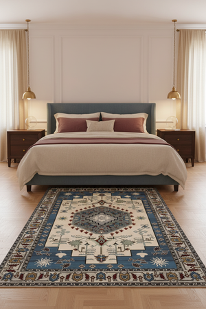 Tapis de Salon Oriental Bleu Ciel et Crème — Motif Médaillon Tribal Ethnique — Grand Tapis Antidérapant