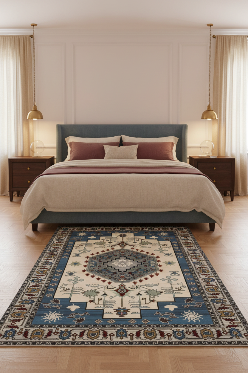 Tapis de Salon Oriental Bleu Ciel et Crème — Motif Médaillon Tribal Ethnique — Grand Tapis Antidérapant