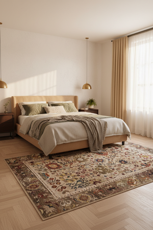 Tapis de Salon Oriental Beige et Multicolore — Motif Floral Tribal Vintage — Grand Tapis Antidérapant