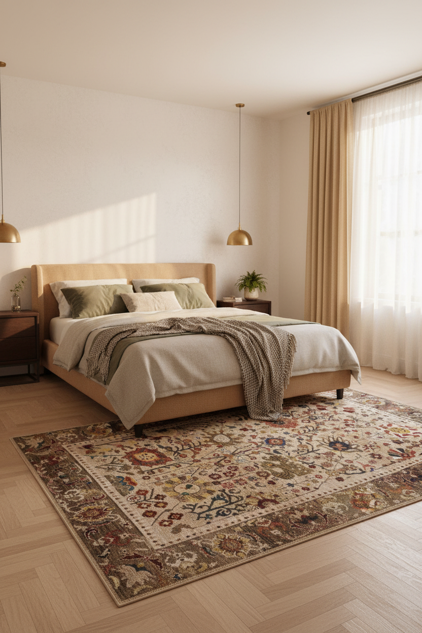 Tapis de Salon Oriental Beige et Multicolore — Motif Floral Tribal Vintage — Grand Tapis Antidérapant