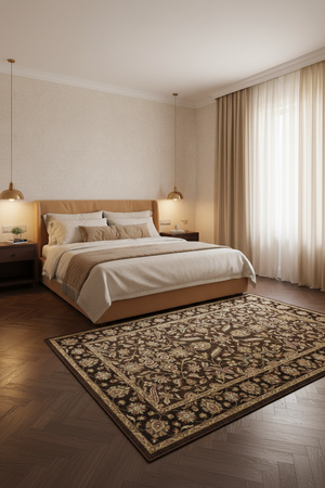 Tapis de Salon Oriental Marron et Beige — Motif Floral Classique — Grand Tapis Antidérapant