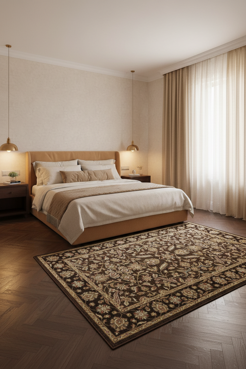 Tapis de Salon Oriental Marron et Beige — Motif Floral Classique — Grand Tapis Antidérapant