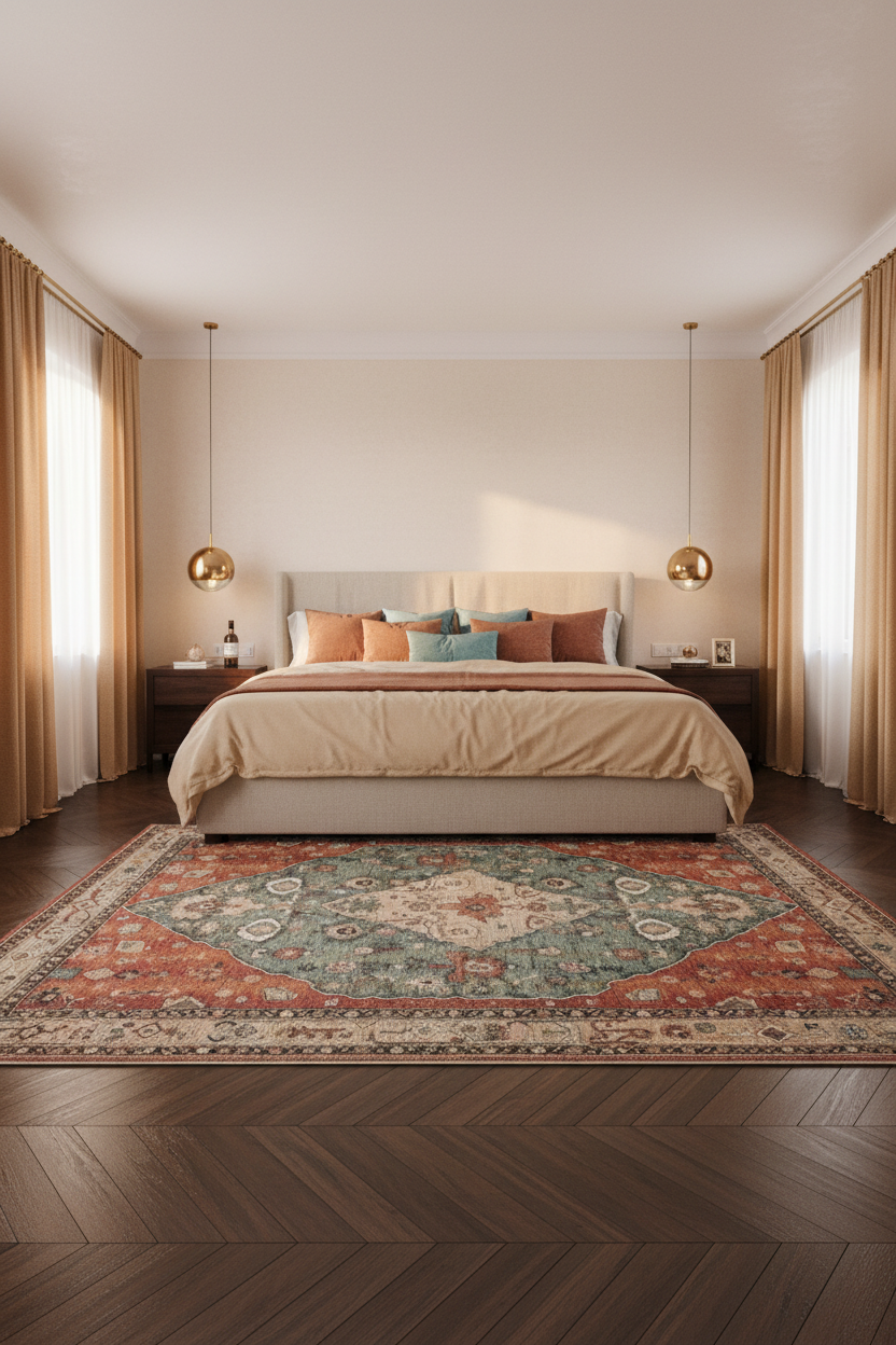 Tapis de Salon Oriental Terracotta et Bleu — Motif Médaillon Tribal Ethnique — Grand Tapis Antidérapant