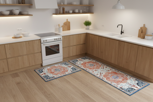 Tapis de Cuisine Oriental Ivoire et Bleu — Set 2 Pièces Motif Rosace Florale — Tapis Antidérapant