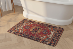Tapis de Bain Oriental Rouge et Bleu Marine — Motif Médaillon Ethnique — Tapis de Salle de Bain Antidérapant