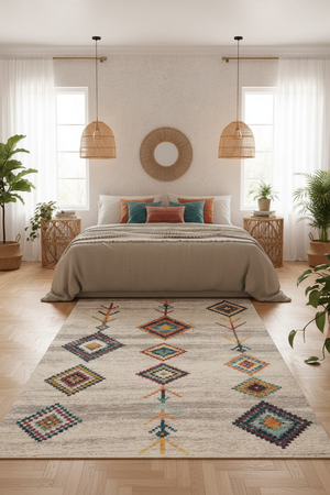 Tapis de Salon Oriental Beige et Multicolore — Motif Géométrique Bohème — Grand Tapis Antidérapant
