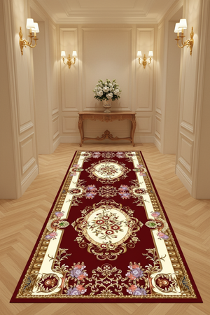 Tapis de Couloir Oriental Bordeaux et Ivoire — Motif Aubusson Fleuri — Tapis Long Antidérapant