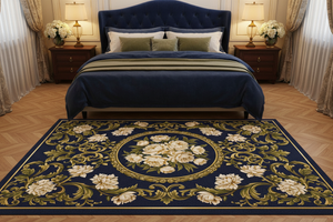 Tapis de Salon Oriental Bleu Marine et Vert Olive — Motif Médaillon Floral Baroque — Grand Tapis Antidérapant