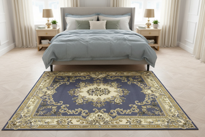 Tapis de Salon Oriental Bleu Marine et Doré — Motif Médaillon Baroque Élégant — Grand Tapis Antidérapant