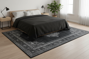 Tapis de Salon Oriental Noir — Motif Médaillon Floral Vintage — Grand Tapis Antidérapant