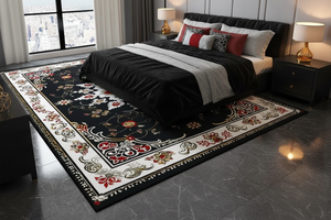 Tapis de Salon Oriental Noir et Rouge — Motif Floral Luxe — Grand Tapis Antidérapant