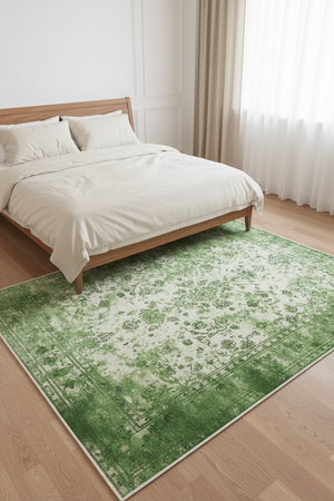 Tapis de Salon Oriental Vert — Motif Floral Vintage Délavé — Grand Tapis Antidérapant