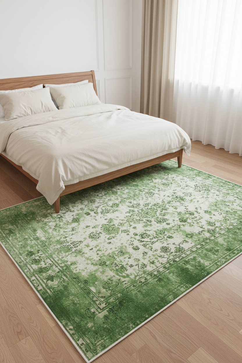 Tapis de Salon Oriental Vert — Motif Floral Vintage Délavé — Grand Tapis Antidérapant